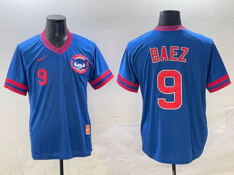 Men Chicago Cubs #9 Baez Blue Throwback Game 2025 Nike MLB Jersey style 5